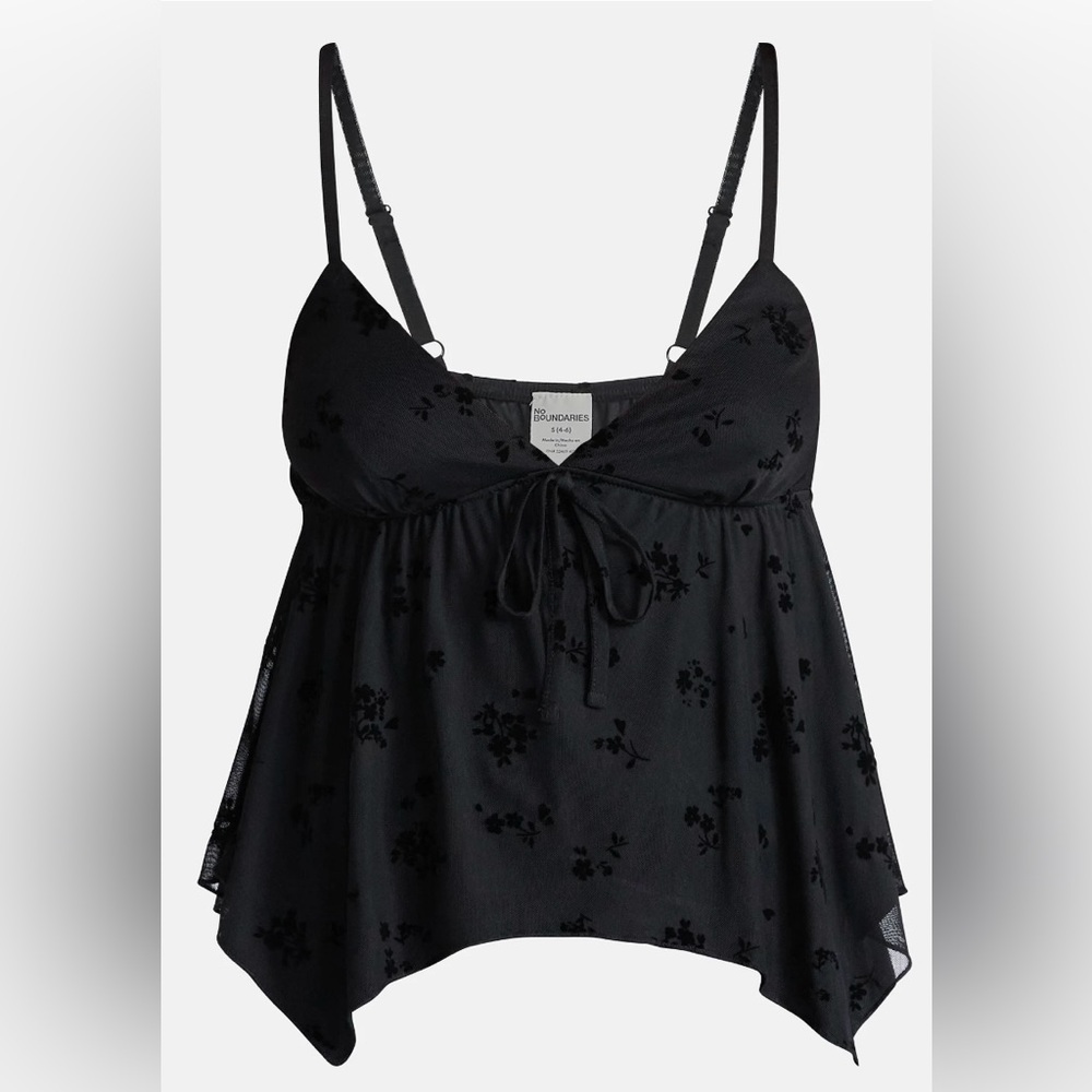 No Boundaries Black Mesh Floral Cami Size Small Asymmetrical Sharkbite‎ Hem NWT